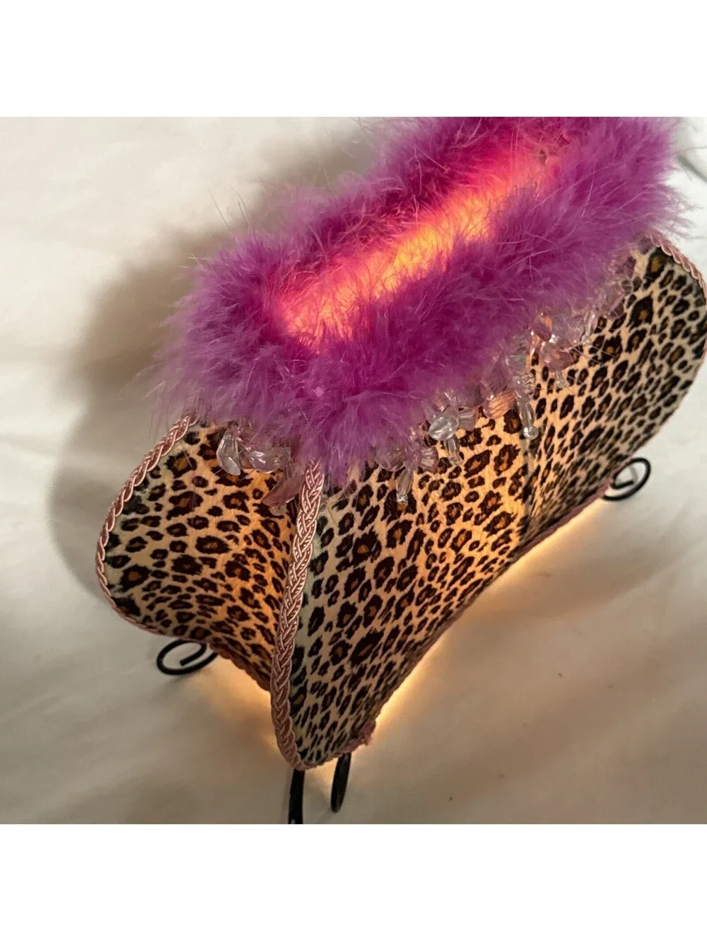 Animal Print Purse Clutch Table Lamp Dangle Beads Leopard Print Pink Faux Fur